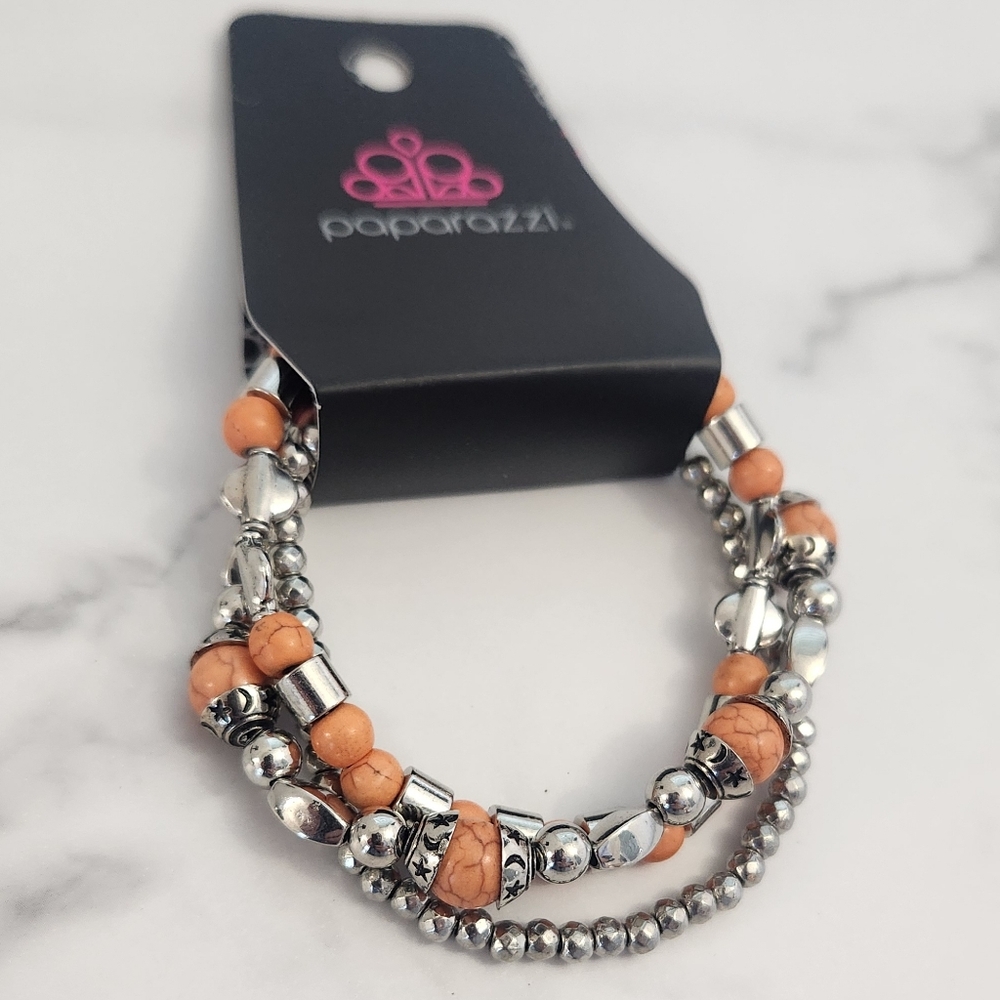 NWT Paparazzi Bold Silver & Orange Beaded Bracelet Set - Picture 4 of 8